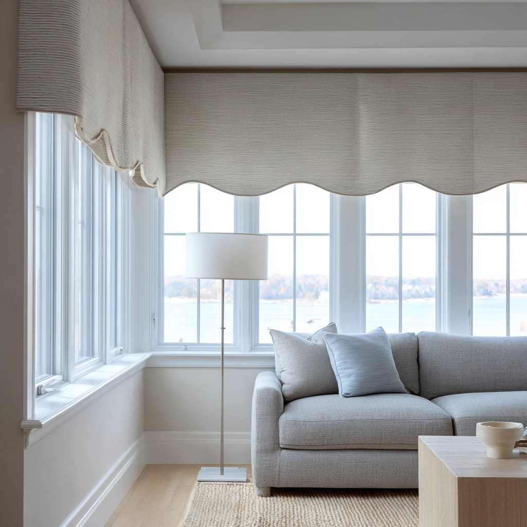 Continuous scalloped cornice wrapping tall corner windows overlooking water Continuous scalloped cornice wrapping tall corner windows overlooking water