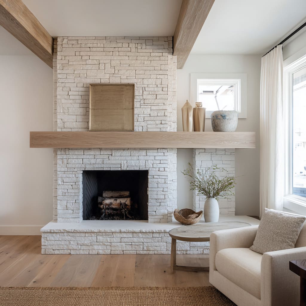 Cool Stacked-stone chimney wall concept with an extra-long oak bridge mantel and a right-side shelf moment that behaves like an extension of the hearth