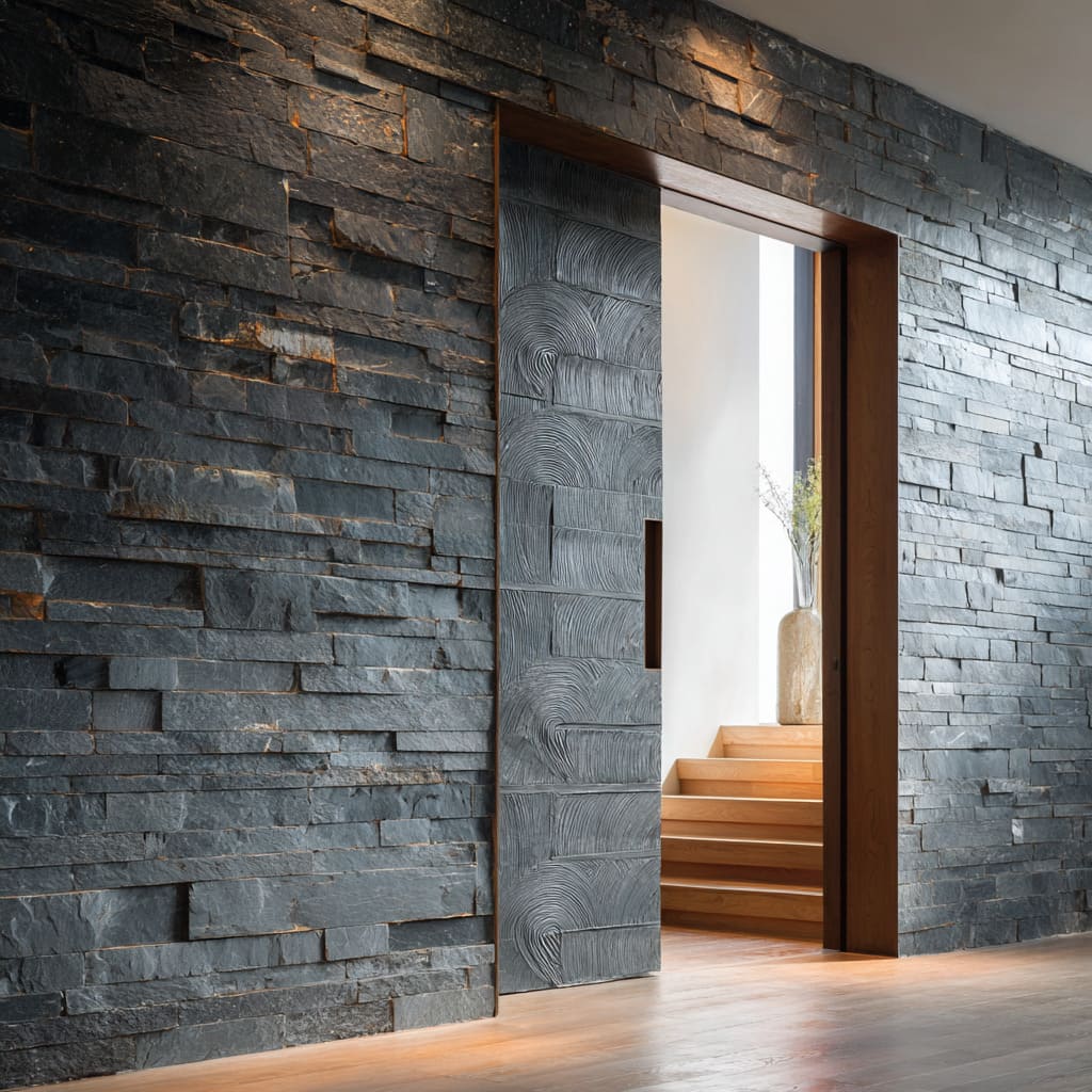 Cool concept with a carved stone pocket door set in rugged slate wall leading to a warm timber stair landing Cool concept with a carved stone pocket door set in rugged slate wall leading to a warm timber stair landing