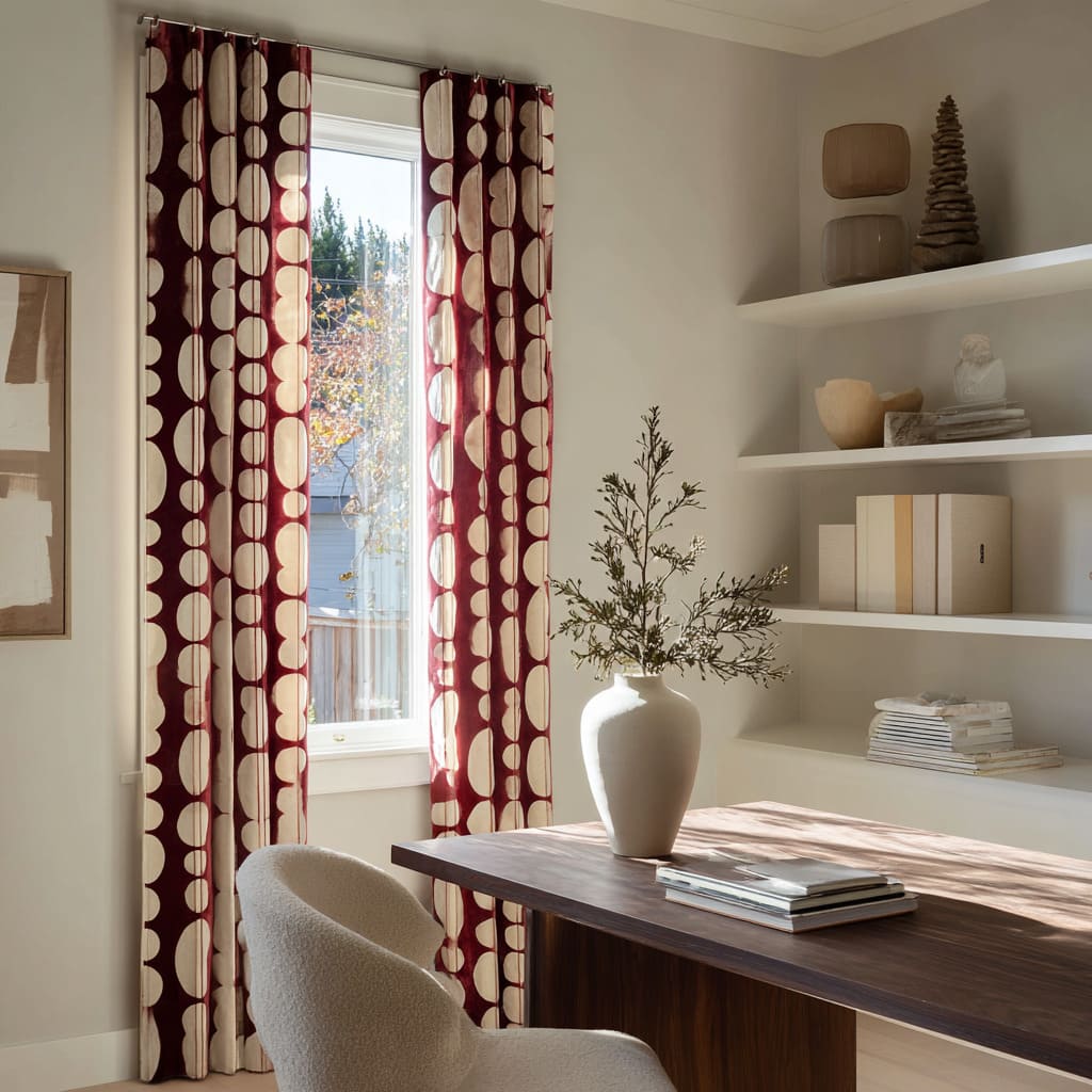 Diseño fresco con cortinas rojo baya y columnas circulares crema como acentos gráficos destacados Diseño fresco con cortinas rojo baya y columnas circulares crema como acentos gráficos destacados