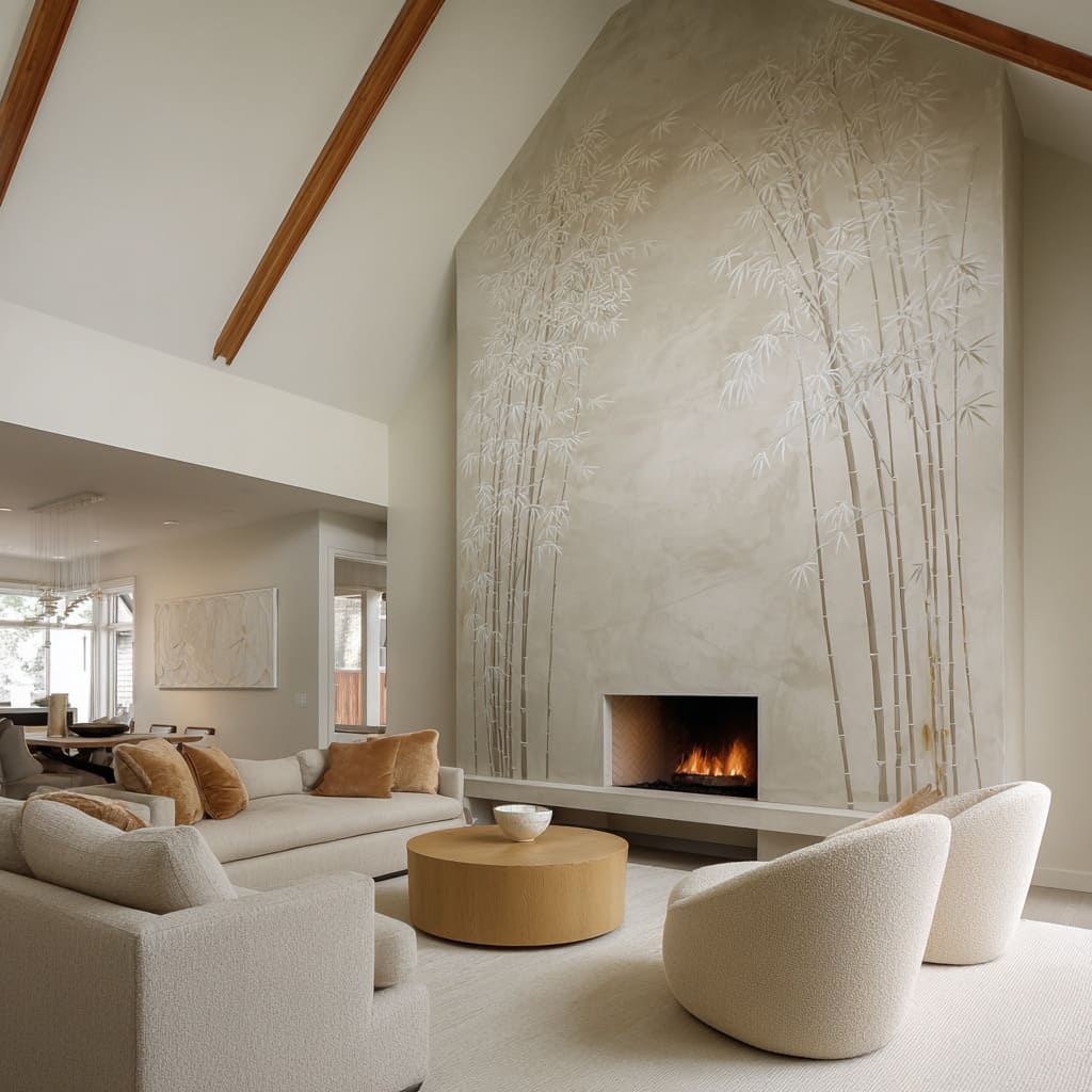 Cool grey birch grove mural on a concrete-feel wall with a long, low hearth drama created by light direction, not by decor Cool grey birch grove mural on a concrete-feel wall with a long, low hearth drama created by light direction, not by decor