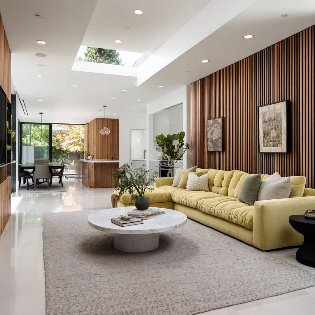 Cool tufted long pale yellow sofa and wood-slat wall in an open plan kitchen dining layout Cool tufted long pale yellow sofa and wood-slat wall in an open plan kitchen dining layout