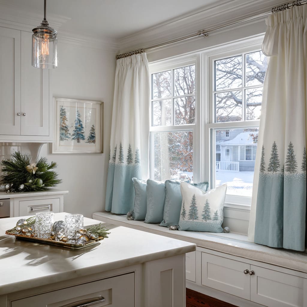 Cream-and-blue curtains deocrating idea with a winter forest border frame a bench nook in a white kitchen, paired with icy-blue cushions