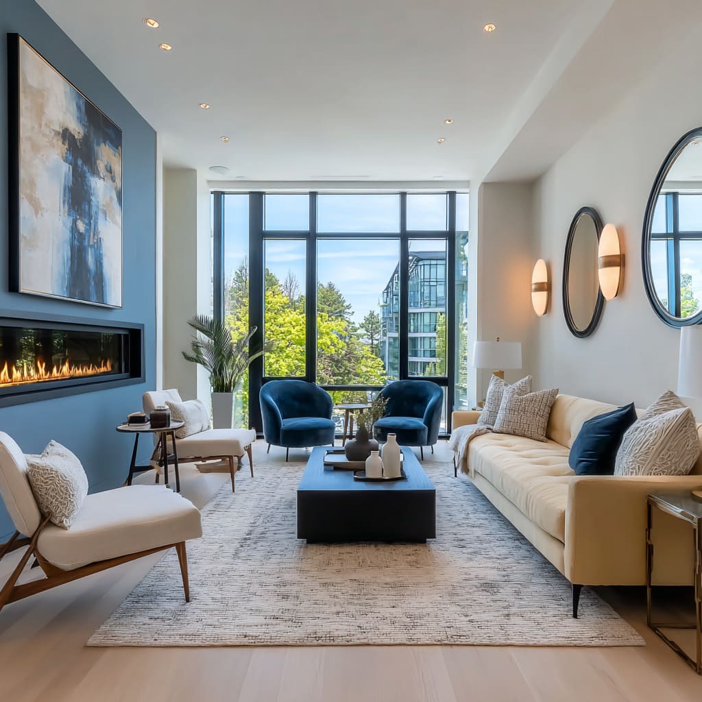 Cream base and deep blues and warm wall glow in a living room design Cream base and deep blues and warm wall glow in a living room design