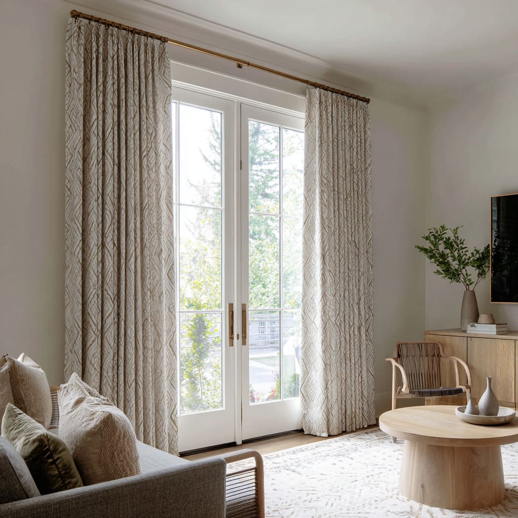 Cream drapery with soft geometric pattern framing French doors, matched with a pale rug Cream drapery with soft geometric pattern framing French doors, matched with a pale rug