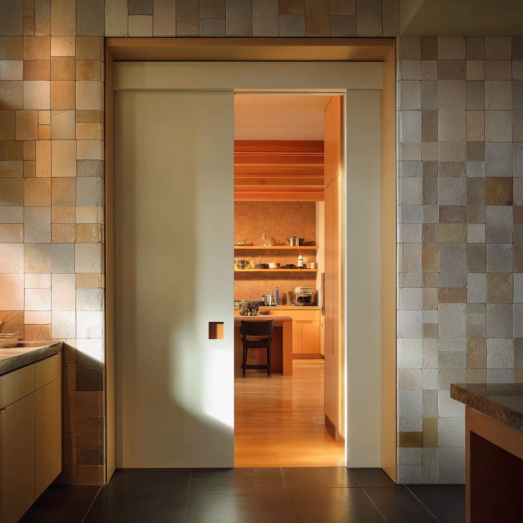 Cream pocket door design bridging an earthy tiled space and a glowing timber pantry Cream pocket door design bridging an earthy tiled space and a glowing timber pantry