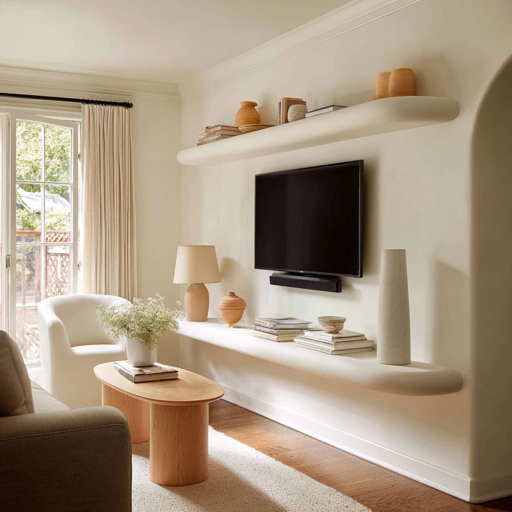 Cream-toned living room TV wall concept with rounded sculpted shelves, soft pottery Cream-toned living room TV wall concept with rounded sculpted shelves, soft pottery