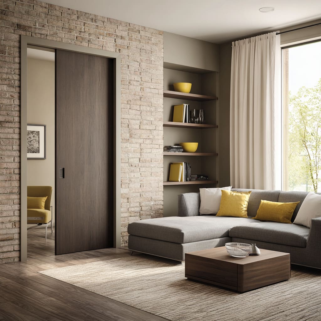 Creative design with a warm wood pocket door in a brick wall connecting a textured living room to a mustard-toned space Creative design with a warm wood pocket door in a brick wall connecting a textured living room to a mustard-toned space