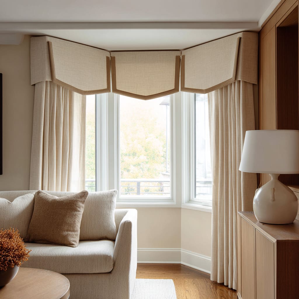 Crisp faceted cornice for a tailored bay Crisp faceted cornice for a tailored bay