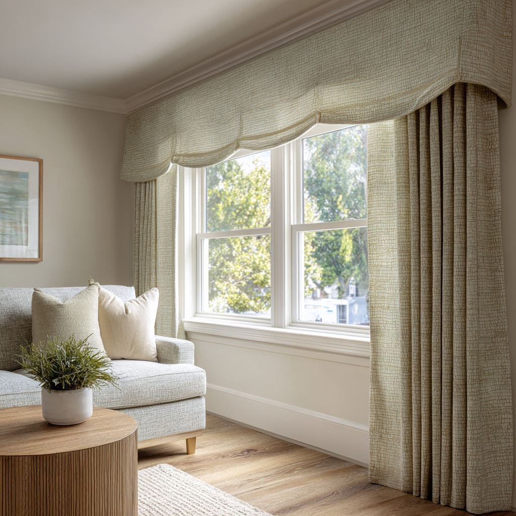 Curved-edge grid valance shaping a bright triple window with matching drapery Curved-edge grid valance shaping a bright triple window with matching drapery