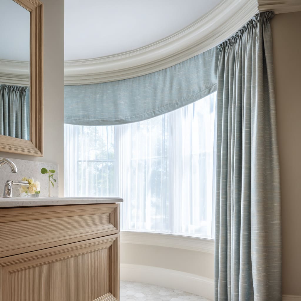 Curved spa-blue sweep softening a bathroom bow window concept Curved spa-blue sweep softening a bathroom bow window concept