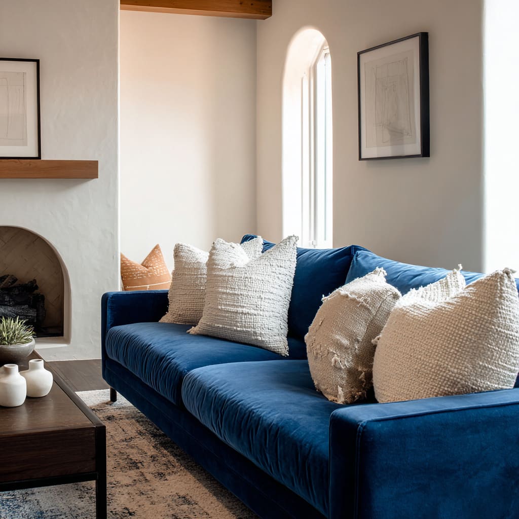 Dark blue seating styled with chunky cream and oatmeal textured cushions for a warm, cozy, neutral-heavy look Dark blue seating styled with chunky cream and oatmeal textured cushions for a warm, cozy, neutral-heavy look
