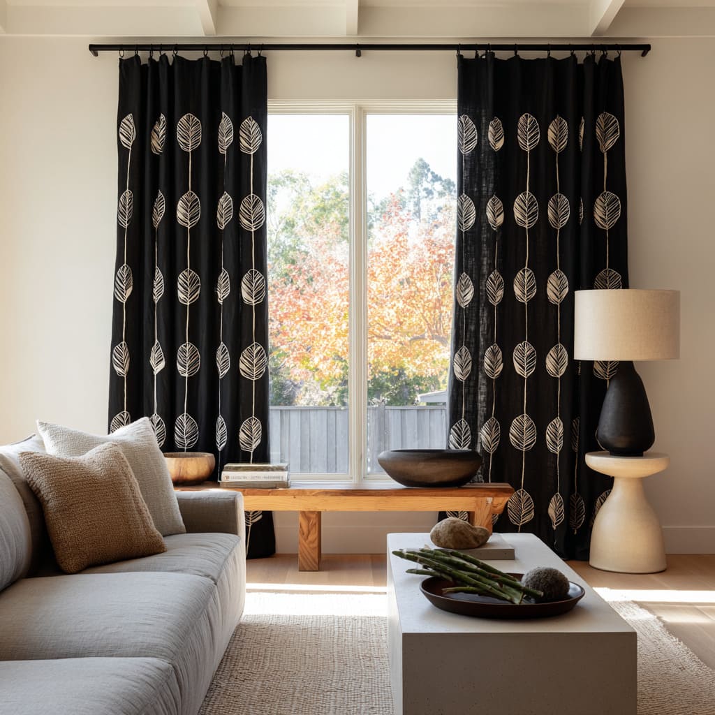 Cortinas oscuras con motivos nítidos de hojas marfil organizados en una cuadrícula serena detrás de un interior claro y neutro Cortinas oscuras con motivos nítidos de hojas marfil organizados en una cuadrícula serena detrás de un interior claro y neutro