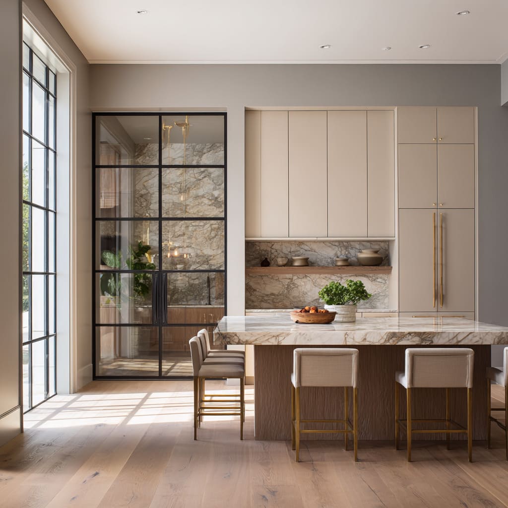 Dark glass door revealing stone-clad inner room Dark glass door revealing stone-clad inner room