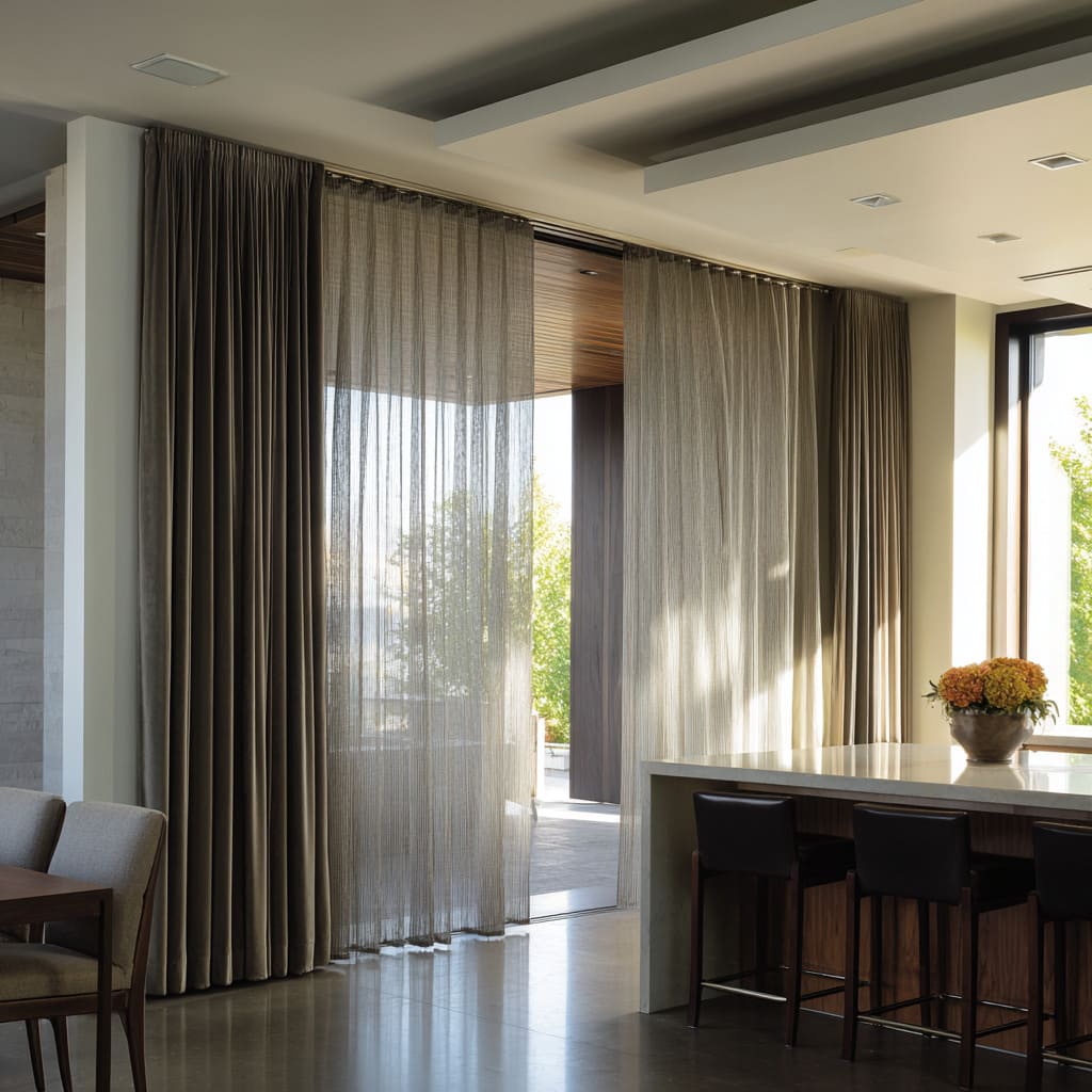 Dark outer drapes with inner sheer for a deep, cinematic opening Dark outer drapes with inner sheer for a deep, cinematic opening