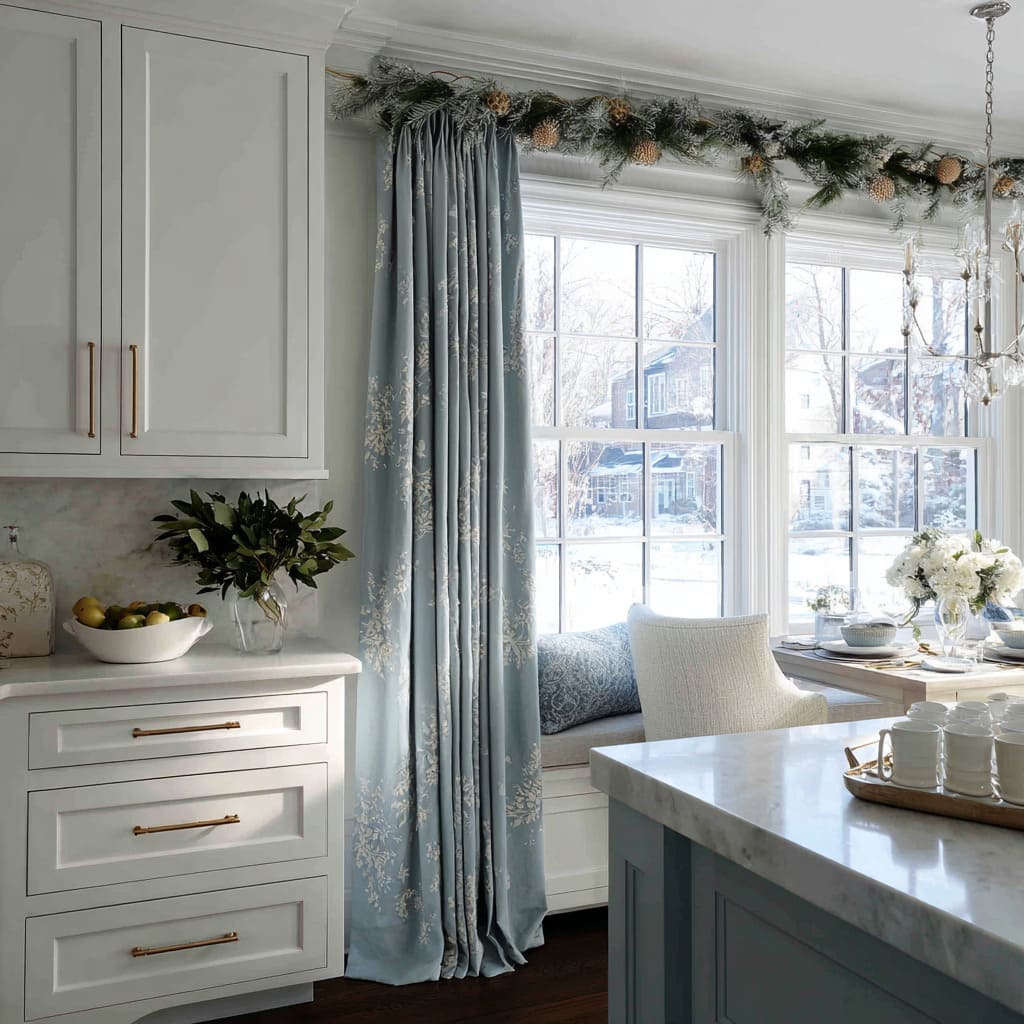 Decorating ideas with Sky-blue snowflake drapery surrounds a cozy window seat in a bright white kitchen featuring a festive evergreen garland Decorating ideas with Sky-blue snowflake drapery surrounds a cozy window seat in a bright white kitchen featuring a festive evergreen garland