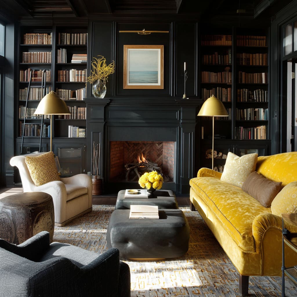 Deep black library walls and brass lamps and yellow velvet sofa concept Deep black library walls and brass lamps and yellow velvet sofa concept