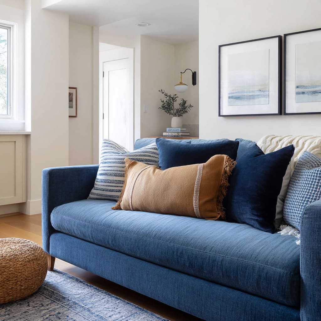 Deep blue couch with sandy beige end cushions and two deeper blue center pillows under large abstract art