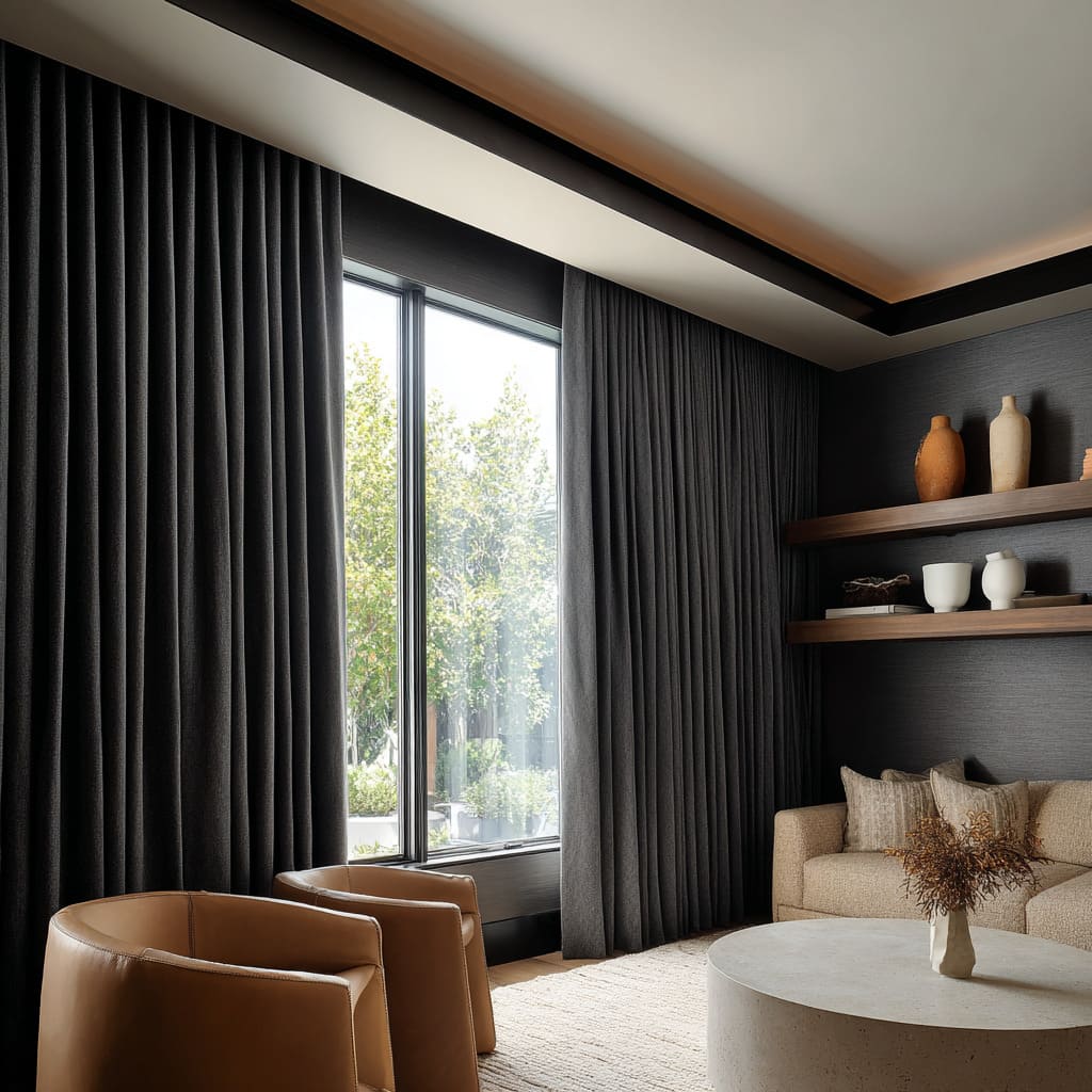 Deep graphite drapery forming a dark vertical backdrop in a modern living room design with warm leather chairs Deep graphite drapery forming a dark vertical backdrop in a modern living room design with warm leather chairs