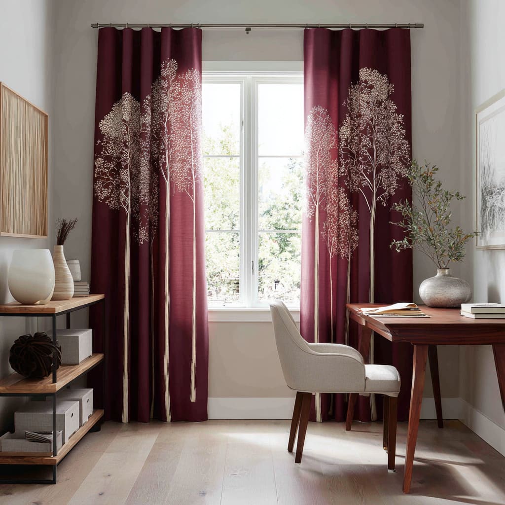 Cortinas rojo intenso con siluetas pálidas de árboles enmarcando una ventana luminosa de despacho, acompañadas de escritorio en madera cálida, asientos neutros y verde natural Cortinas rojo intenso con siluetas pálidas de árboles enmarcando una ventana luminosa de despacho, acompañadas de escritorio en madera cálida, asientos neutros y verde natural