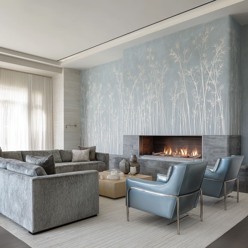 Deep teal bamboo mural and monolithic concrete fireplace for moody calm, with strong silence and weight Deep teal bamboo mural and monolithic concrete fireplace for moody calm, with strong silence and weight