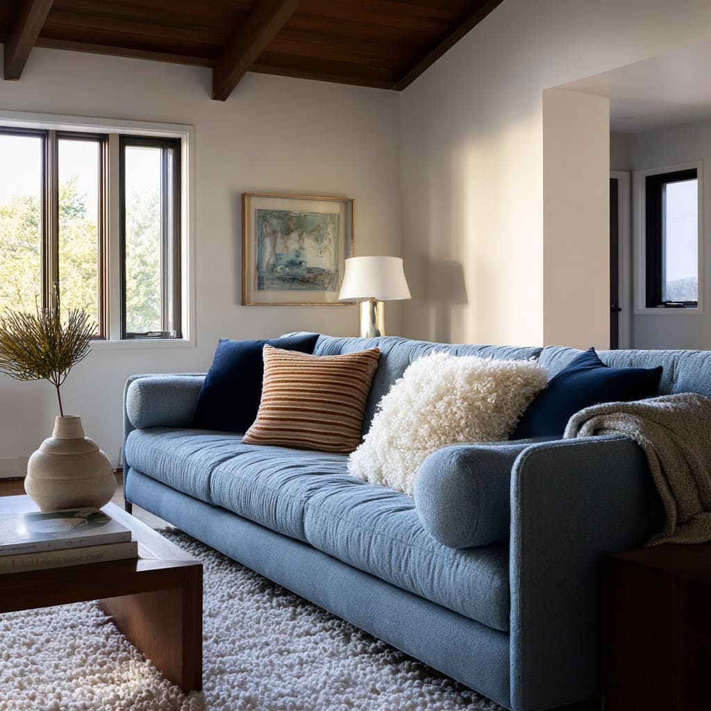 Denim-blue sofa with navy anchors, tan-caramel striped bridge pillow, and one fluffy off-white cushion to soften the look Denim-blue sofa with navy anchors, tan-caramel striped bridge pillow, and one fluffy off-white cushion to soften the look