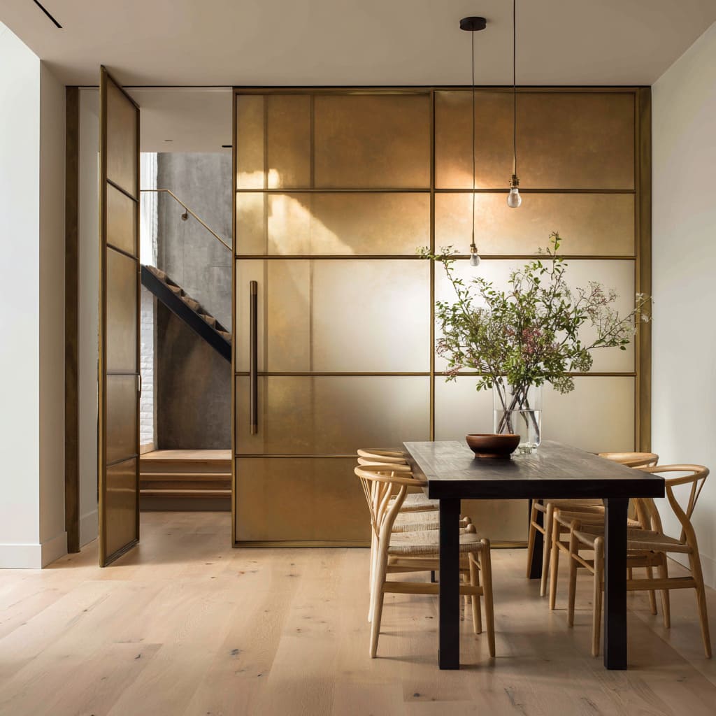 Design Concept with a luxury looking Brass-framed frosted glass door near dining area Design Concept with a luxury looking Brass-framed frosted glass door near dining area