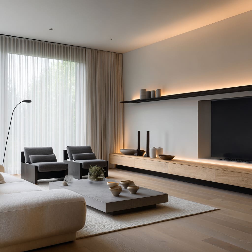 Design with a TV recessed into a dark niche with a long floating oak cabinet, a minimal upper shelf with warm lighting Design with a TV recessed into a dark niche with a long floating oak cabinet, a minimal upper shelf with warm lighting