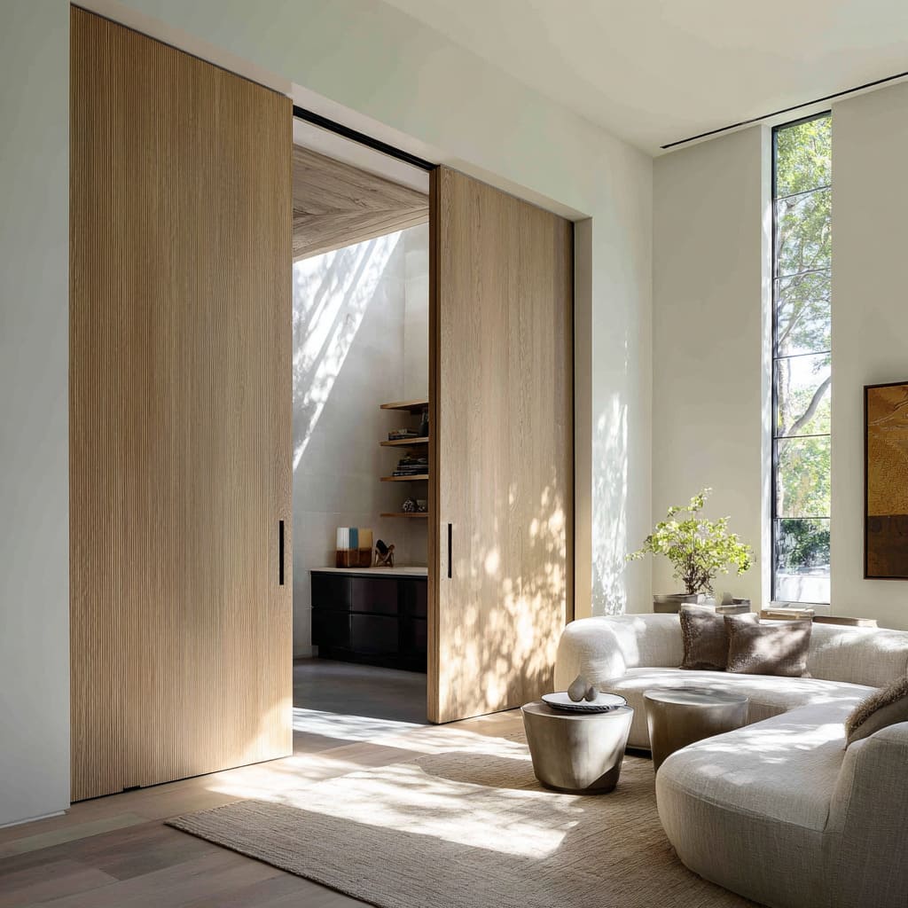 Design with a double timber pocket doors with one fluted leaf dividing a pale lounge from a darker annex Design with a double timber pocket doors with one fluted leaf dividing a pale lounge from a darker annex