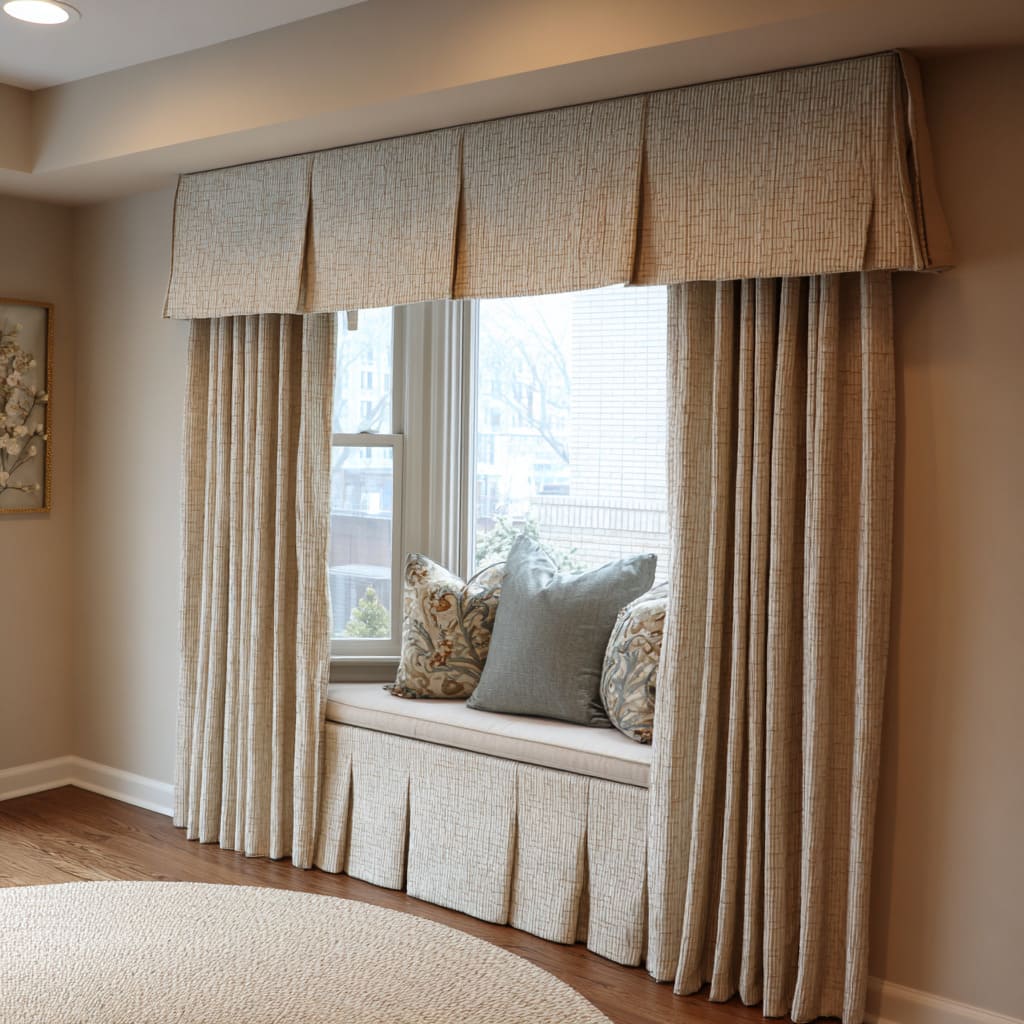 Design with boxed cornice, drapery, and skirted bench creating a unified textile frame around a window seat Design with boxed cornice, drapery, and skirted bench creating a unified textile frame around a window seat