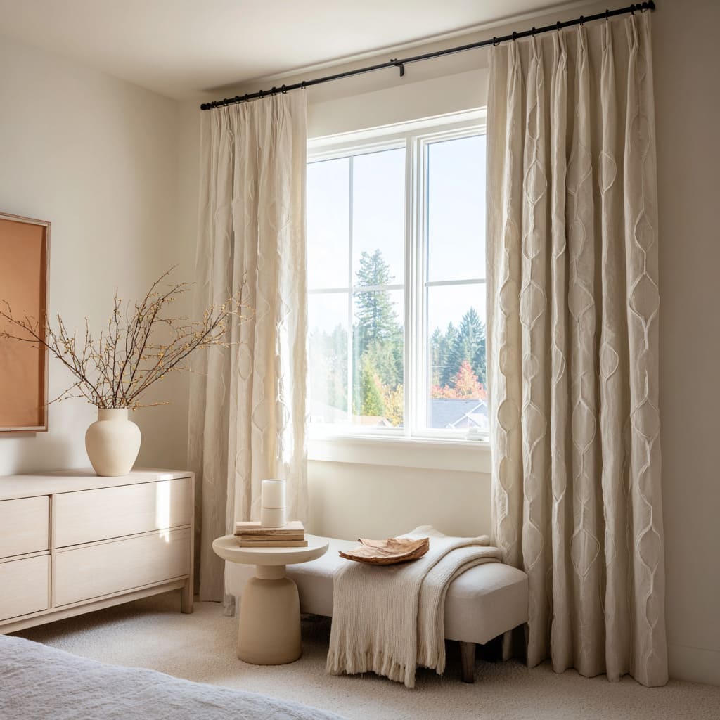 Diseño con cortinas blanco crema con relieve vertical de formas tipo hoja en un dormitorio suave con banco texturizado Diseño con cortinas blanco crema con relieve vertical de formas tipo hoja en un dormitorio suave con banco texturizado