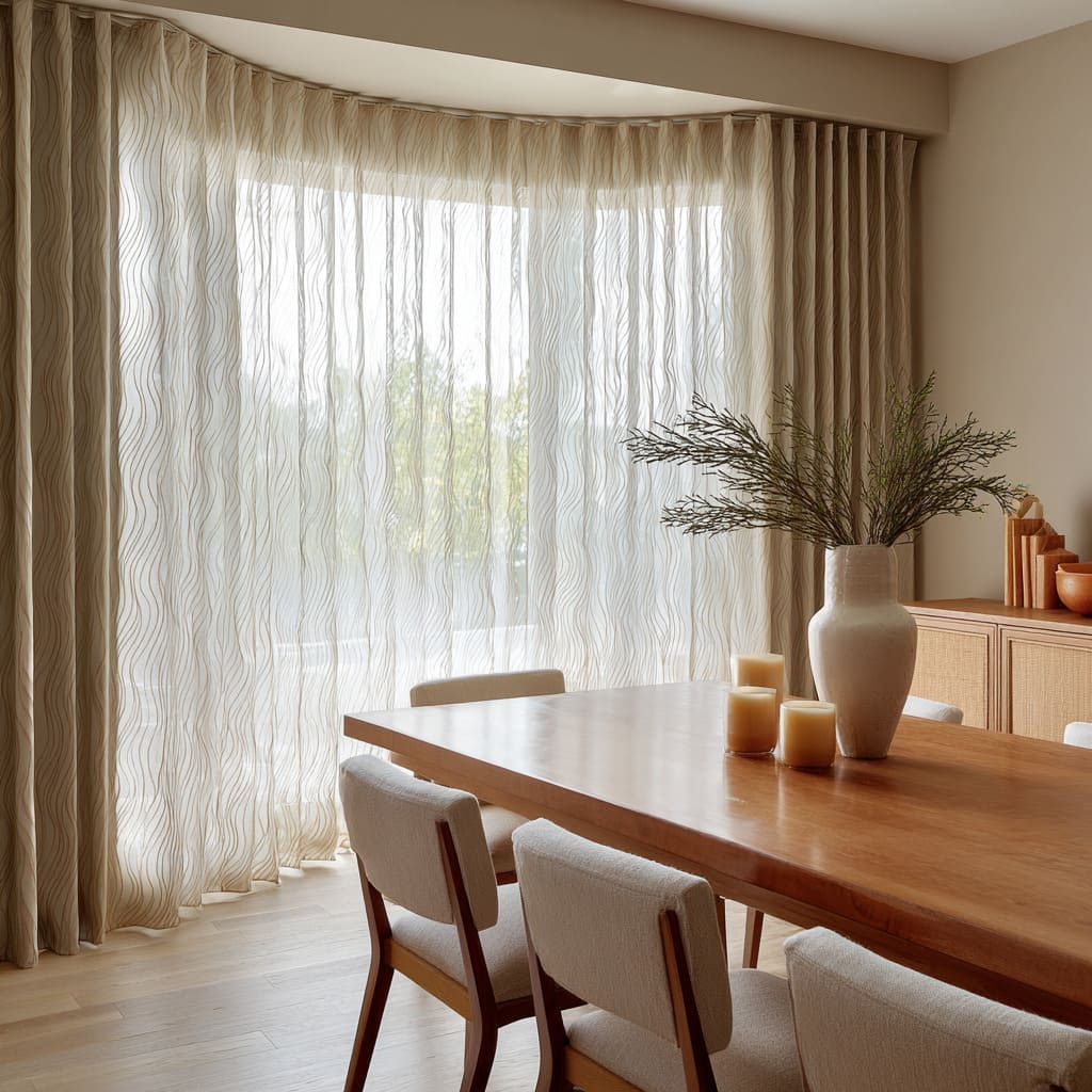 Comedor con cortinas vaporosas tono arena y patrón ondulado que generan un efecto de luz ondulante, junto con muebles de madera cálida Comedor con cortinas vaporosas tono arena y patrón ondulado que generan un efecto de luz ondulante, junto con muebles de madera cálida