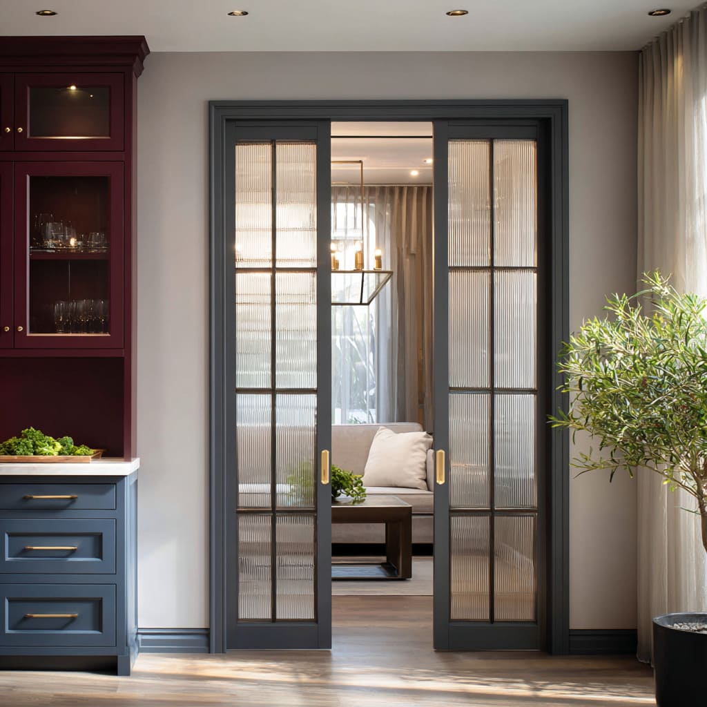 Double fluted glass doors between kitchen and living Double fluted glass doors between kitchen and living