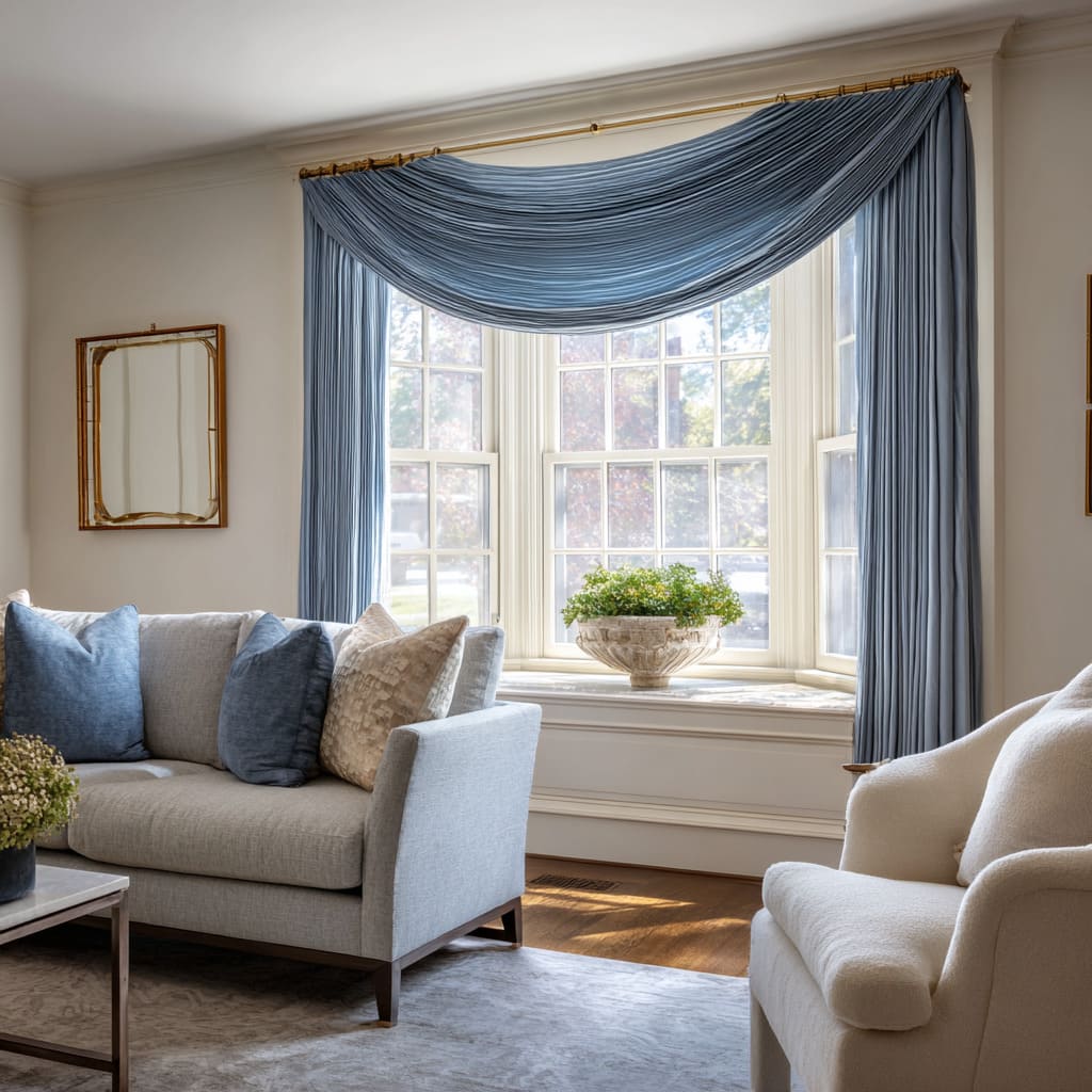 Draped blue bay valance forming a curved textile frame Draped blue bay valance forming a curved textile frame