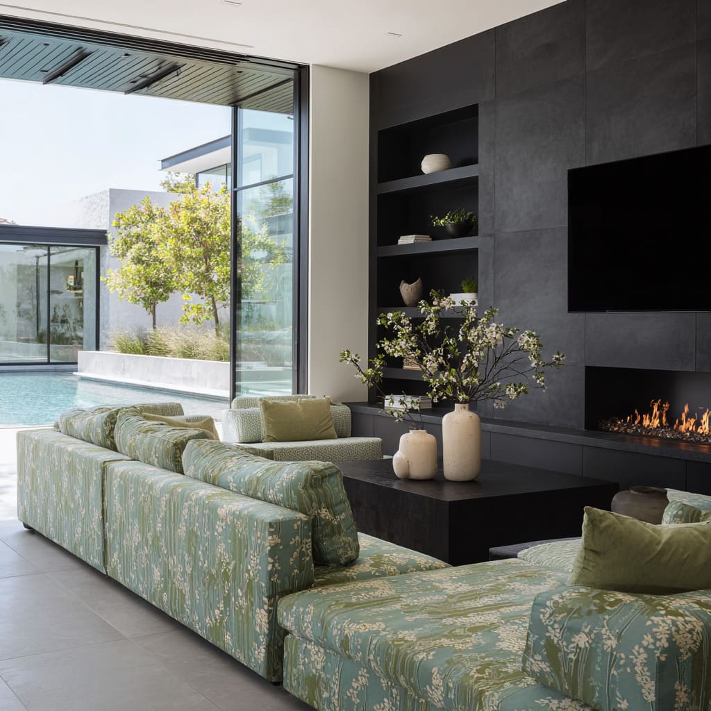 Even though the sofas are large, the room doesn't feel smaller Even though the sofas are large, the room doesn't feel smaller