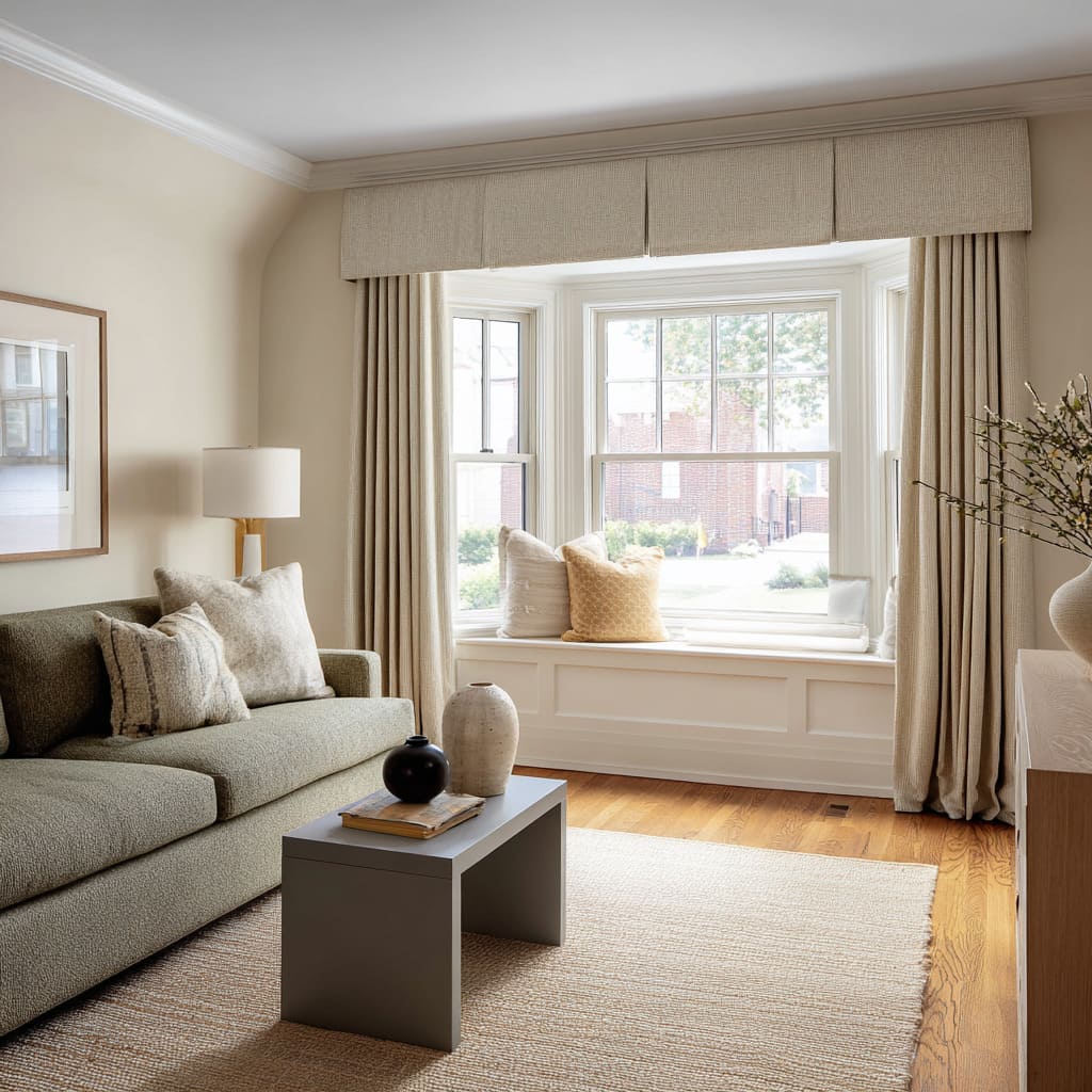 Flat-front bay cornice acting as a calm bridge between classic trim and cozy seating Flat-front bay cornice acting as a calm bridge between classic trim and cozy seating