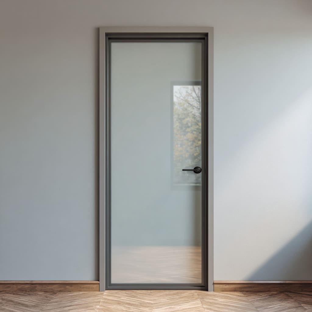 Flush frosted glass door in minimal interior design setting Flush frosted glass door in minimal interior design setting