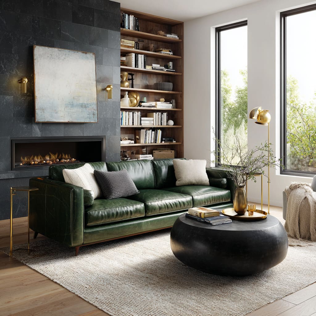Forest-green leather sofa with a dark stone fireplace that proves green and dark neutrals can feel warm, not gloomy Forest-green leather sofa with a dark stone fireplace that proves green and dark neutrals can feel warm, not gloomy