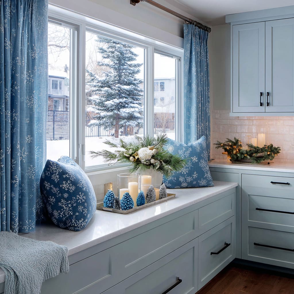 Frost-blue snowflake curtains frame a winter view above a built-in bench filled with matching cushions, a tray of bottle-brush trees and candles Frost-blue snowflake curtains frame a winter view above a built-in bench filled with matching cushions, a tray of bottle-brush trees and candles