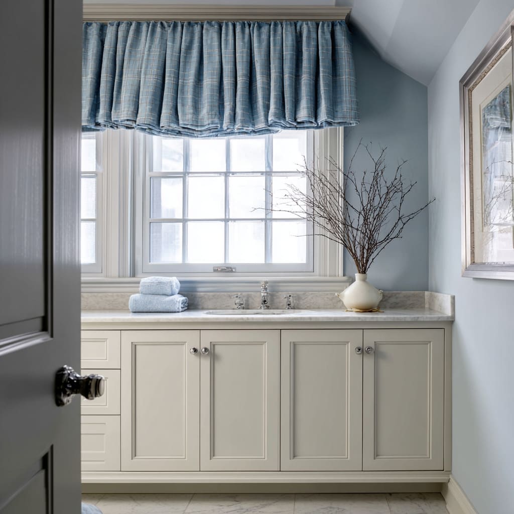 Valentina azul fruncida con sutil cuadrícula sobre ventana de varios paneles en un baño azul frío con tocador blanco roto Valentina azul fruncida con sutil cuadrícula sobre ventana de varios paneles en un baño azul frío con tocador blanco roto