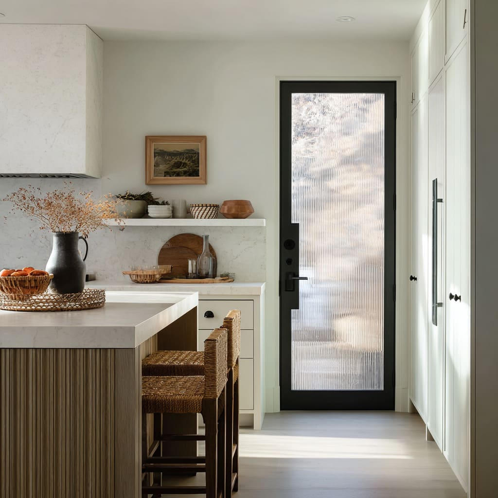 Full-height reeded glass door in a black frame that turns daylight into texture