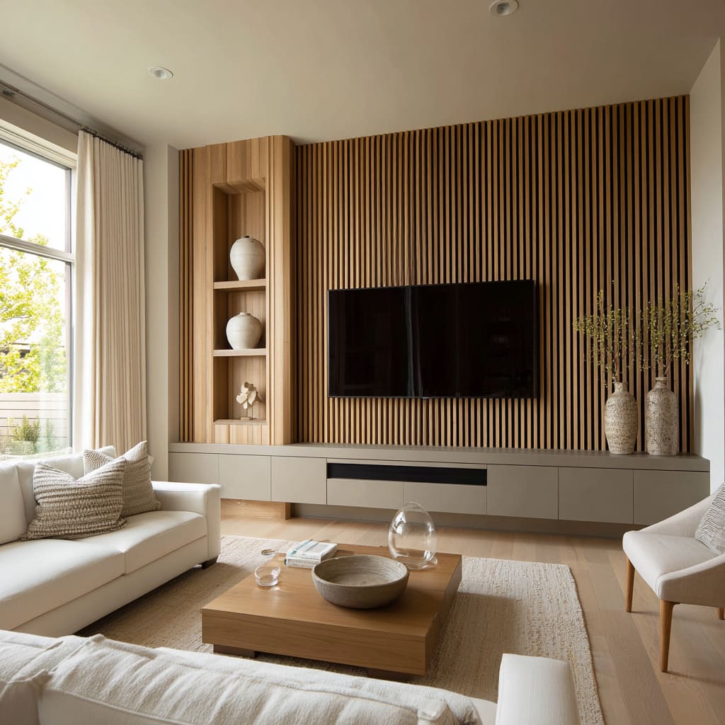 Full-height slatted wood TV backdrop with a tall inset niche, floating grey console, ceramics and greenery Full-height slatted wood TV backdrop with a tall inset niche, floating grey console, ceramics and greenery