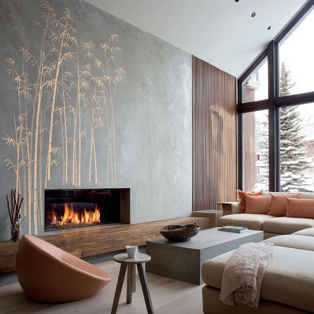 Gold bamboo line mural and slim, glowing fire ribbon compose warm glam, but still restrained feeling Gold bamboo line mural and slim, glowing fire ribbon compose warm glam, but still restrained feeling