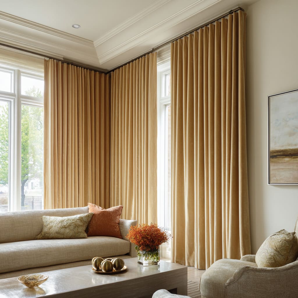 Golden camel velvet drapery forming a continuous warm backdrop in a classic living room design with pale furnishings Golden camel velvet drapery forming a continuous warm backdrop in a classic living room design with pale furnishings