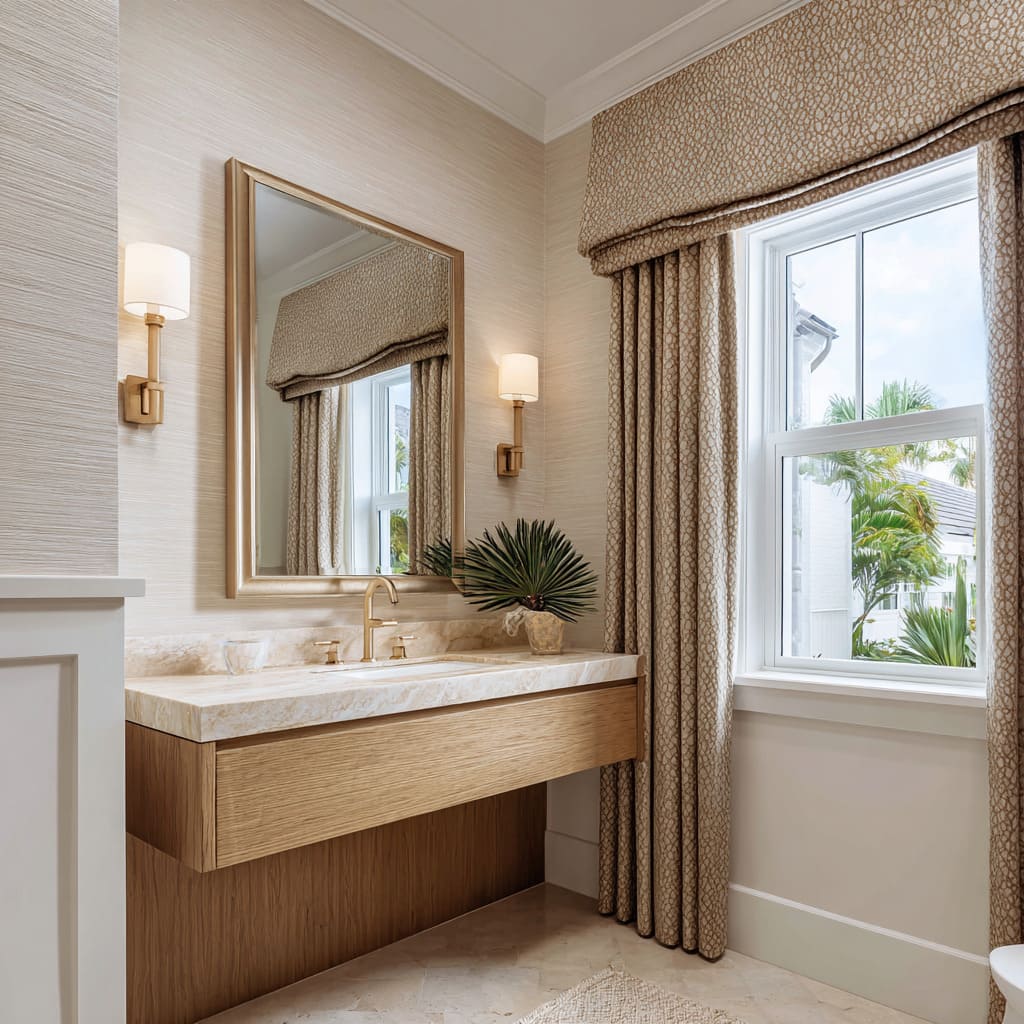 Valentina con estampado dorado de guijarros combinada con estor romano y cortinas largas enmarcando una ventana Valentina con estampado dorado de guijarros combinada con estor romano y cortinas largas enmarcando una ventana