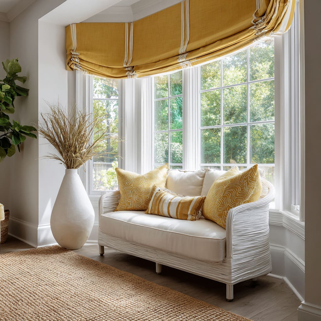 Golden striped Roman valance adding a bright accent inside a white bay nook Golden striped Roman valance adding a bright accent inside a white bay nook