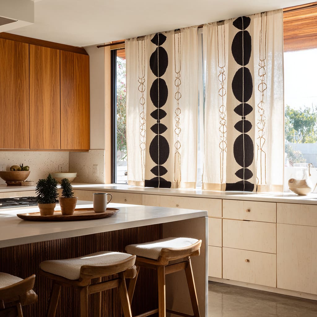 Graphic off-white curtains with black ovals and gold stitched lines Graphic off-white curtains with black ovals and gold stitched lines