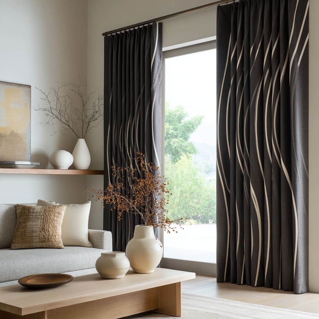 Cortinas gris grafito con largas cintas pálidas que se retuercen creando un movimiento suave en un salón neutro Cortinas gris grafito con largas cintas pálidas que se retuercen creando un movimiento suave en un salón neutro