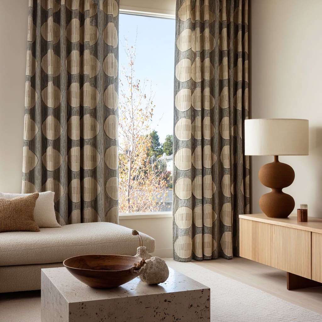 Cortinas grises con grandes círculos texturizados color arena dispuestos en columnas escalonadas, combinadas con asientos en bouclé Cortinas grises con grandes círculos texturizados color arena dispuestos en columnas escalonadas, combinadas con asientos en bouclé