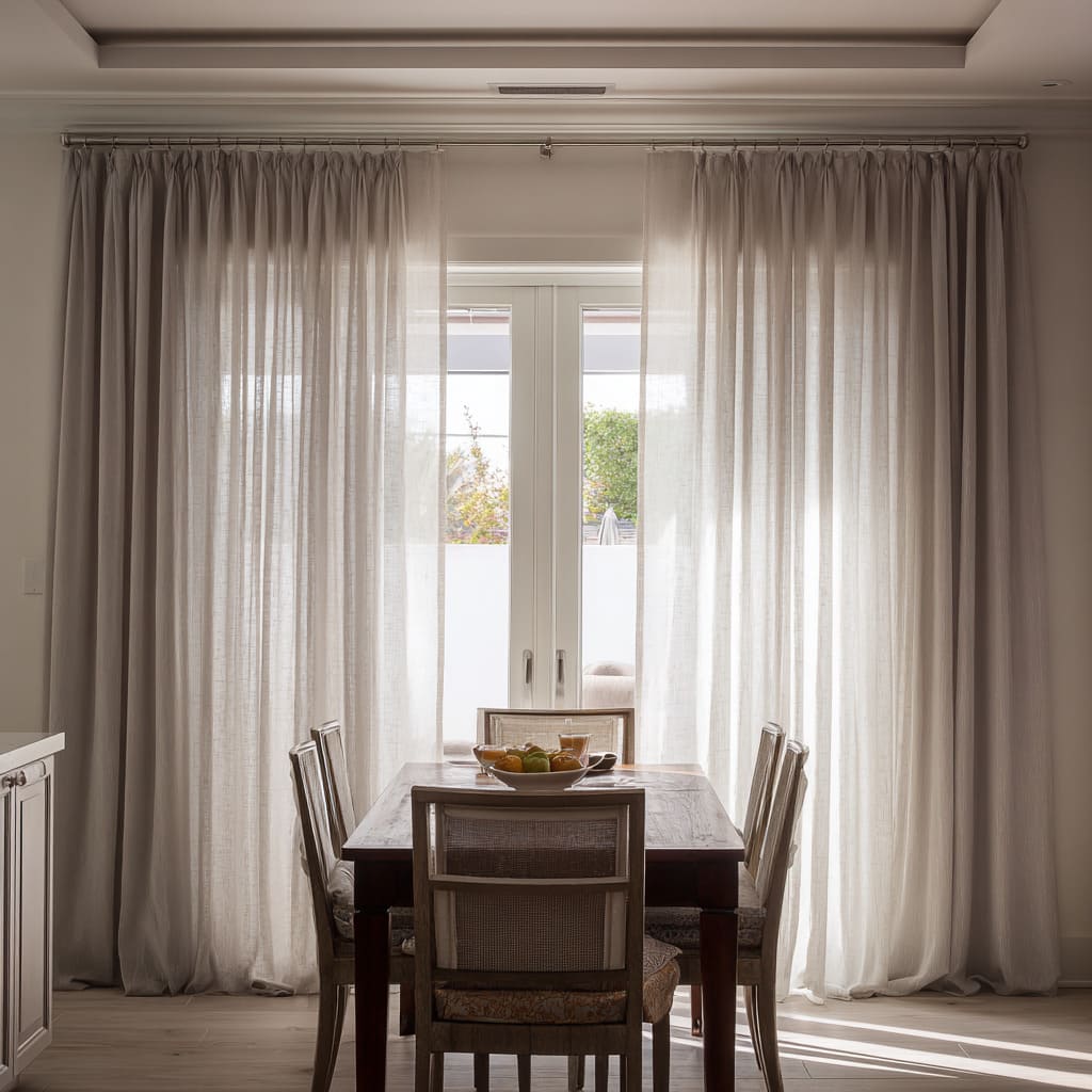 Greige side drapes with bright center sheer over French-style doors Greige side drapes with bright center sheer over French-style doors